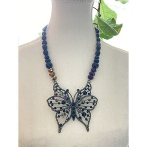 Butterfly Pendant Necklace Black Beaded Gunmetal Rhinestone Statement Large